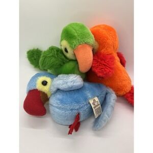 Small Vintage Applause Lot 3 Blue Green Orange Red Parrot Soft Toy Plush 80s